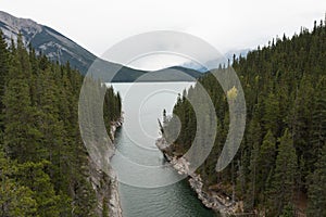 Aerial view of Stewart Canyon at Lake Minnewanka, Banff National Park