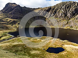 Aerial view of Stickle Tarn lake, located in the Lake District, Cumbria, UK