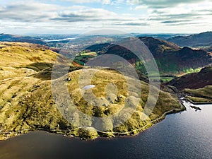 Aerial view of Stickle Tarn lake, located in the Lake District, Cumbria, UK