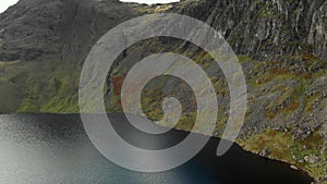 Aerial view of Stickle Tarn lake, located in the Lake District, Cumbria, UK