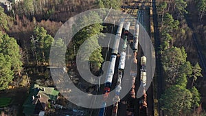 Aerial view of the stock platform of the Museum of railway transport in the open air, there are many different retro