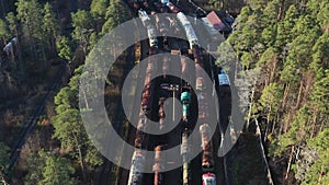 Aerial view of the stock platform of the Museum of railway transport in the open air, there are many different retro