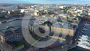 Aerial view of Stockholm old town. Flying over the bay. Amazing drone footage