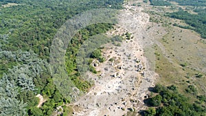 Aerial view of Stone Forest near Varna, Bulgaria, Pobiti kamani, rock phenomenon