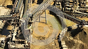 Aerial view of Stone sorting conveyor belt in large Quarry