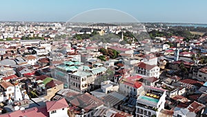 Aerial View of Stone Town, Zanzibar City, Slum Roofs and Poor Streets, Africa