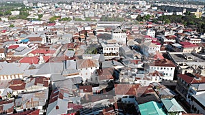 Aerial View of Stone Town, Zanzibar City, Slum Roofs and Poor Streets, Africa