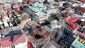 Aerial View of Stone Town, Zanzibar City, Slum Roofs and Poor Streets, Africa