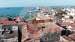 Aerial View of Stone Town, Zanzibar City, Slum Roofs and Poor Streets, Africa