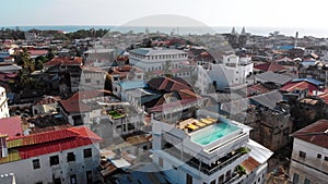 Aerial View of Stone Town, Zanzibar City, Slum Roofs and Poor Streets, Africa