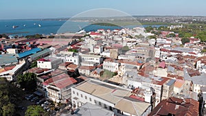 Aerial View of Stone Town, Zanzibar City, Slum Roofs and Poor Streets, Africa