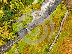 Aerial view of Stonethwaite Beck, a small river formed at the confluence of Langstrath Beck and Greenup Gill beneath Eagle Crag photo