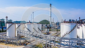 Aerial view storage tank and tanker truck in industrial plant, Chemical Industry