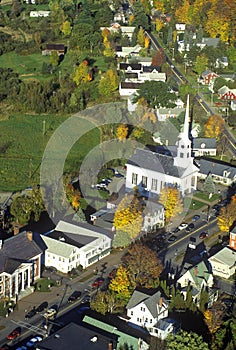 Aerial view of Stowe, VT in Autumn on Scenic Route 100