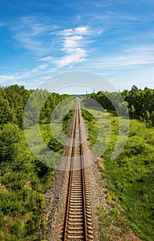 Aerial view of straight railroad tracks through farmland