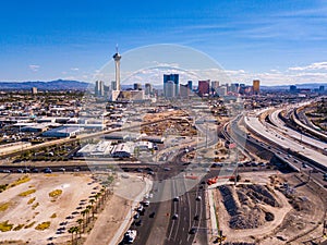 Aerial view of the Stratosphere hotel in Las Vegas, USA