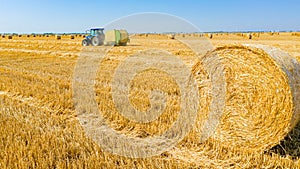 Aerial view of straw bale on farm field