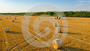Aerial view of straw bale on farm field