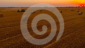 Aerial view of straw bales on farm fields