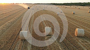 Aerial view of straw bales on farm fields prepared for farming stack