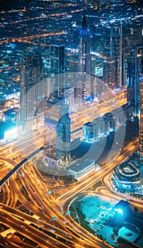 Aerial View Of Street Night Traffic Of Illuminated Cityscape With Skyscraper In Dubai. Aerial View Of Urban Cityscape