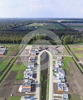 Aerial view on a street in Oosterwold in Almere.