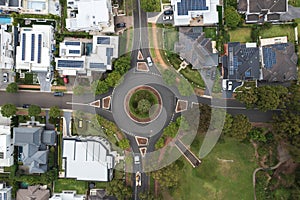 Aerial view of street roundabout with modern prestige houses in suburban Sydney, Australia