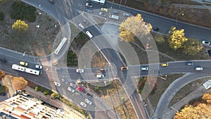 Aerial view of street traffic of the city center. Busy intersection. Urban Landscape.