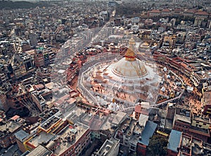 Aerial view on streets of Kathmandu and a stupa of Boudnath is created in the form of a Buddhist mandala. Nepal