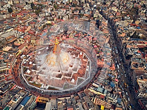 Aerial view on streets of Kathmandu and a stupa of Boudnath is created in the form of a Buddhist mandala. Nepal