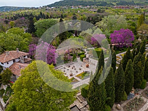 Aerial view of the stunning Balchik botanical garden in Bulgaria during the spring season. Witness the lush greenery and