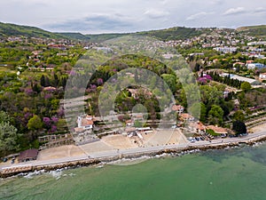 Aerial view of the stunning Balchik botanical garden in Bulgaria during the spring season. Witness the lush greenery and