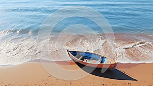 Aerial view of a stunning paradise beach with a boat docked on the crystal clear waters