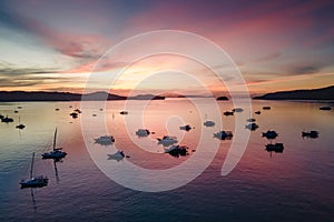 Aerial view of stunning sunrise at chalong bay in Phuket