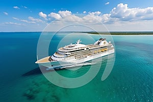 Aerial view of stunning white cruise ship on a sunny day, luxury