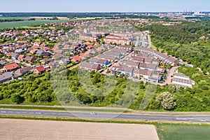 Aerial view of a suburb on the outskirts of Wolfsburg in Germany, with terraced houses, semi-detached houses and detached houses,