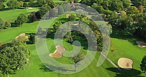 Aerial view of a suburban Chicago golf course in early morning