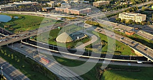 Aerial view of a suburban highway interchange