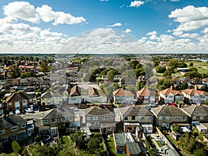 Aerial view of suburban houses in Ipswich, UK. View from backyard.