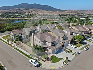 Aerial view suburban neighborhood with big villas