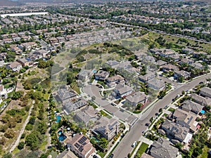 Aerial view suburban neighborhood with big villas