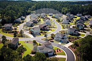Aerial view of a suburban neighborhood in the United States of America. Aerial view of cul de sac at neighbourhood road dead end