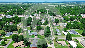 Aerial view suburbs of Checotah, McIntosh County, Oklahoma toward north of interstate I-40, east of Highway 69, suburban single- photo