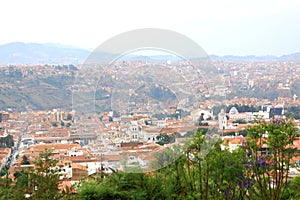 Aerial view of of Sucre, Bolivia with mountains visible in the b