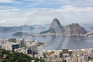 Aerial view of Sugar Loaf mountain and Botafogo beach at Guanabara Bay, Rio de Janeiro, Brazil