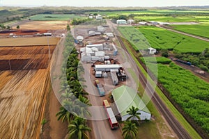 Aerial view of a sugar mill, surrounded by green sugar cane fields, with trucks loaded with freshly harvested cane photo