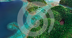 Aerial view of Sugba lagoon. Beautiful landscape with blue sea lagoon, National Park, Siargao Island, Philippines