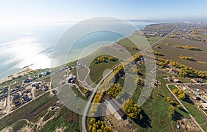 Aerial view of a summer house village at blue sea