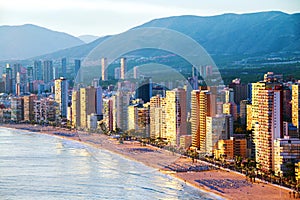Aerial view of summer resort Benidorm, Spain with beach and famous skyscrapers