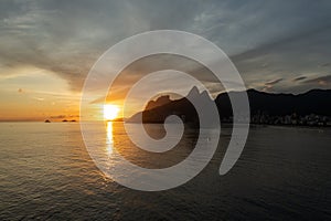 Aerial view of a summer sunset over Ipanema and Leblon beach in Rio de Janeiro